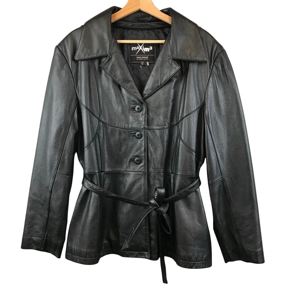 Wilsons‎ Leather Maxima Black Leather Belted Jacket XL